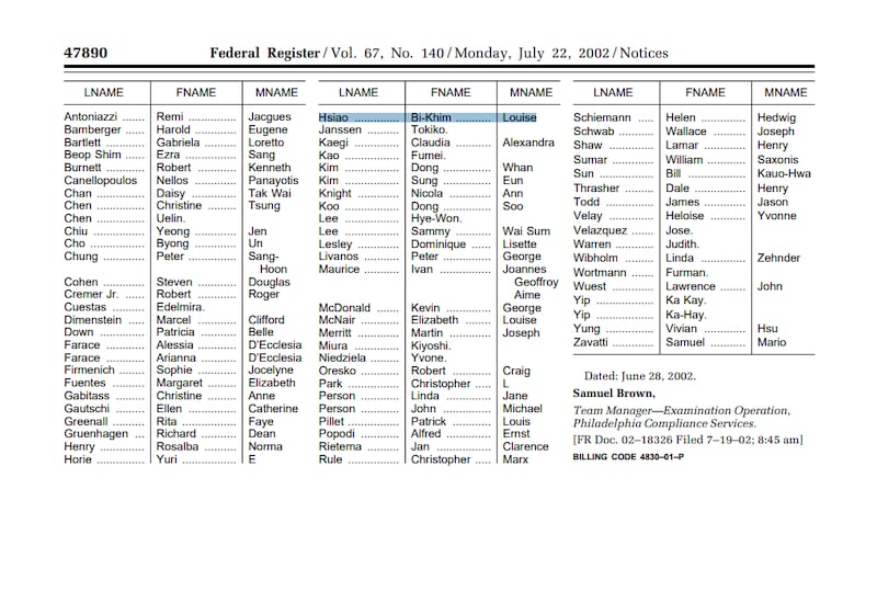 美国联邦政府公报显示，Hsiao Bi-khim于2002年放弃美国国籍。（美国联邦政府公报截图）