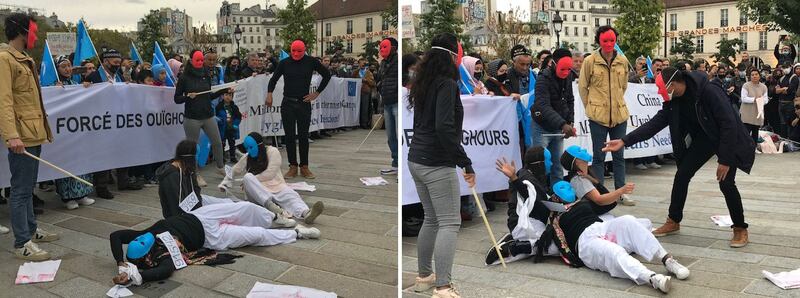 为抗议中国在新疆针对维吾尔人施行的种族灭绝政策，欧洲维吾尔研究所和几个欧洲维吾尔侨民组织， 2 日下午在巴士底广场发起示威游行活动。（记者蔡凌提供）
