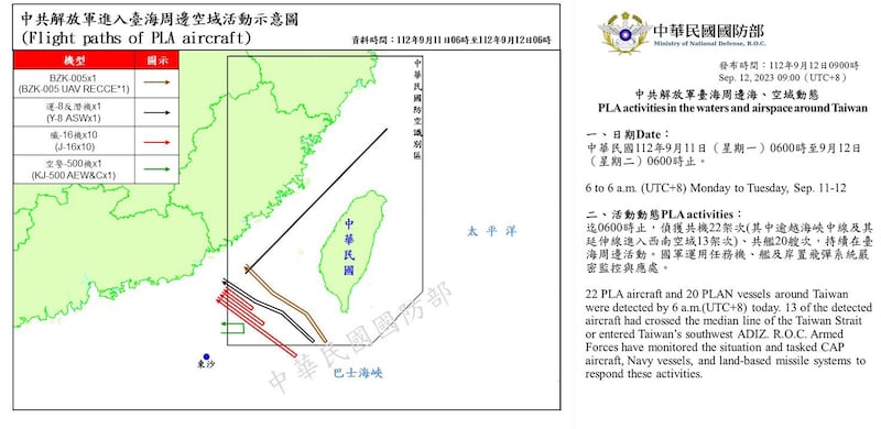 台湾的国防部12日表示，中国军舰20艘次在台海周边活动。媒体解读，中方此举创单日最多艘次。（台湾国防部提供）