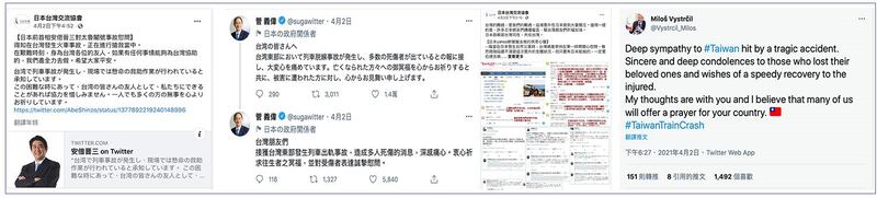 左图：日本前首相安倍晋三在推特对台湾火车事故表达慰问。（日本台湾交流协会脸书） 左二：日本首相菅义伟在社媒对台湾火车事故表达慰问。（日本台湾交流协会脸书） 右二：日本各界对台湾火车事故表达慰问。（日本台湾交流协会） 右图：捷克参议长维特齐在社媒表达对台湾火车事故竹慰问。（维特齐推特）