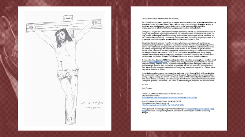 April會先向老師發信，講解行動的緣由，並介紹黎智英的「罪行」。而該明信片上印有黎智英繪畫的耶穌被釘十字架畫作，以及其囚犯編號。（April Ponnuru提供）