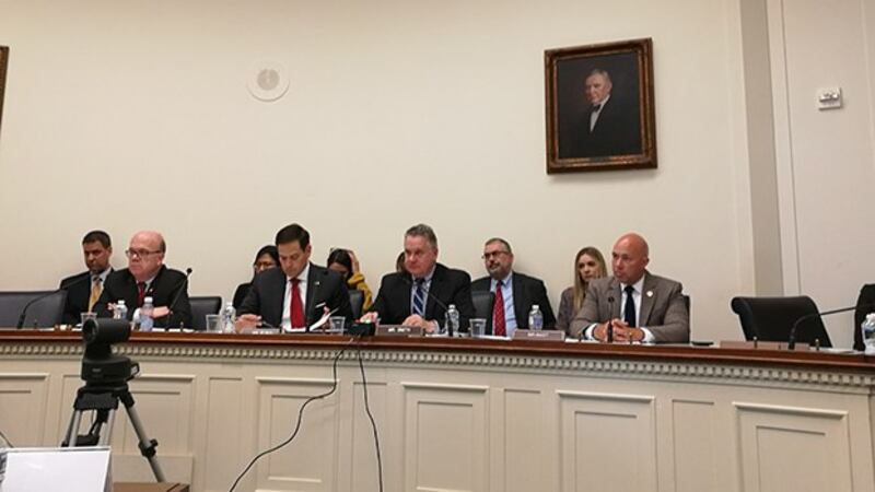 出席听证会的麦戈文(左一)等美国国会议员。(记者林坪摄影)