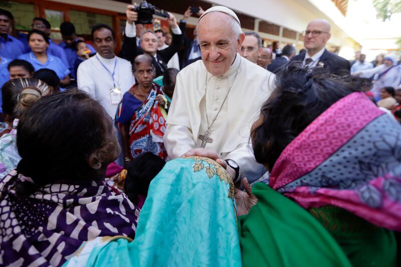 Pope Francis visits the Mother Teresa House in Dhaka's Tejgaon neighborhood, Bangladesh, Dec. 2, 2017.