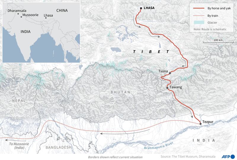 The route of the Dalai Lama's escape from Tibet in 1959.