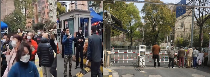 左中图:上海一小区居民不满被困多日,无人提供协助。 右图:上海闵行区一社区实施闭环管理,居民不得外出。(网络图片)