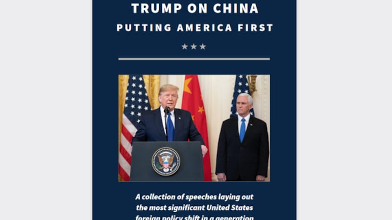 在美国总统大选投票的前一天,美国国家安全委员会推出网络版新书《特朗普论中国:把美国置于首位》,该书汇集了特朗普总统及其内阁成员有关对华政策的系列演讲。(网站截图)