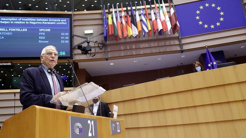 2020年10月7日,欧盟外交及安全政策高级代表博雷利(Josep Borrell)在布鲁塞尔欧洲议会上致辞。(AP)