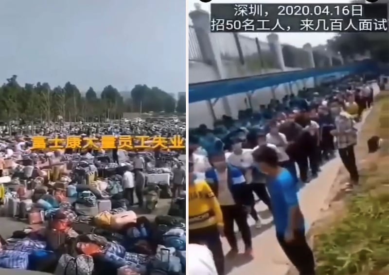 左图:富士康缩减员工,导致大量工人失业。右图:深圳一企业招聘50人,上百人面试。(视频截图/乔龙提供)