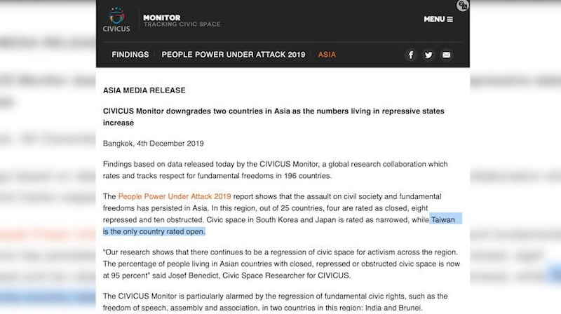 非政府人权组织CIVICUS和区域人权组织亚洲论坛(Forum-Asia) 4日在曼谷发布2019年“受威胁的公民力量报告”。台湾是亚洲唯一被评为“开放”的国家。(CIVICUS截图)