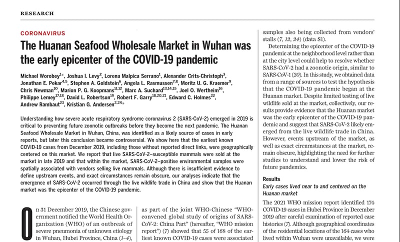 《科学》杂志发表的一项研究认为,华南海鲜市场是新冠大流行的最早爆发的中心