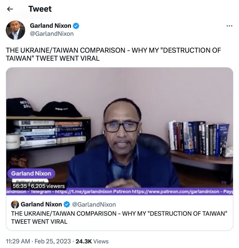 嘉兰尼克森2月25日在推特发布影片,谈论引起疯传的"毁灭台湾计划"”推文(尼克森推特页面截图)