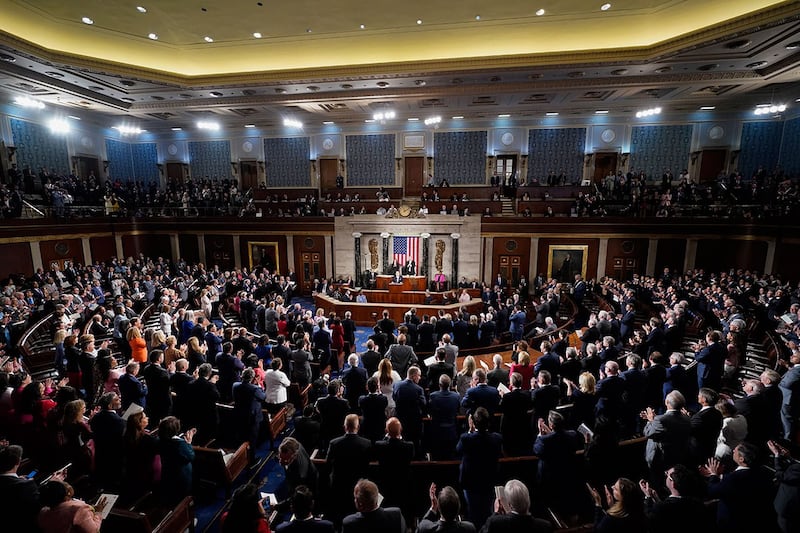 2023年4月27日，在美国国会大厦，韩国总统尹锡悦在美国参众两院联席会议上发表演讲。（美联社）