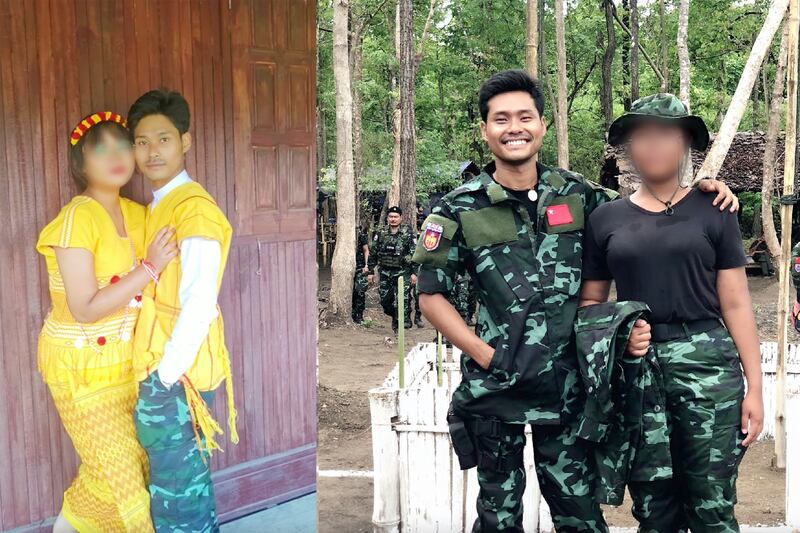 ဘာလီနှင့် ဇီးကွက်တို့နှစ်ဦးကို လက်ထပ်မင်္ဂလာပွဲကျင်းပသည့် ၂၀၂၂ ခုနှစ် ဒီဇင်ဘာလ ၅ ရက်နေ့က တွေ့ရစဉ်ပုံနှင့် တောတွင်းတပ်စခန်းတွင် ၂၀၂၄ ခုနှစ် မေလ ၂၆ ရက်နေ့က တွေ့ရစဉ်။ (Photo - Barli Via Facebook)