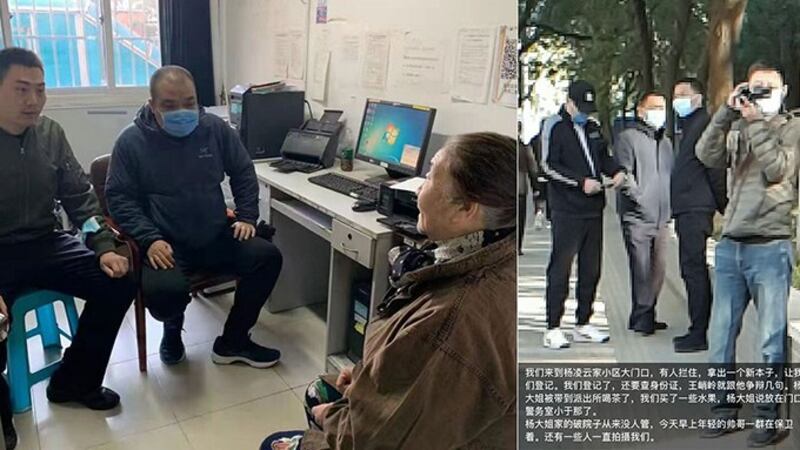 左图:北京市区和县人大代表参选人杨凌云被当地派出所所长请去谈话。(野靖环微信截图);右图:北京便衣人员在参选人杨凌云家附近不准王峭岭、李文足探访。(野靖环微信截图)