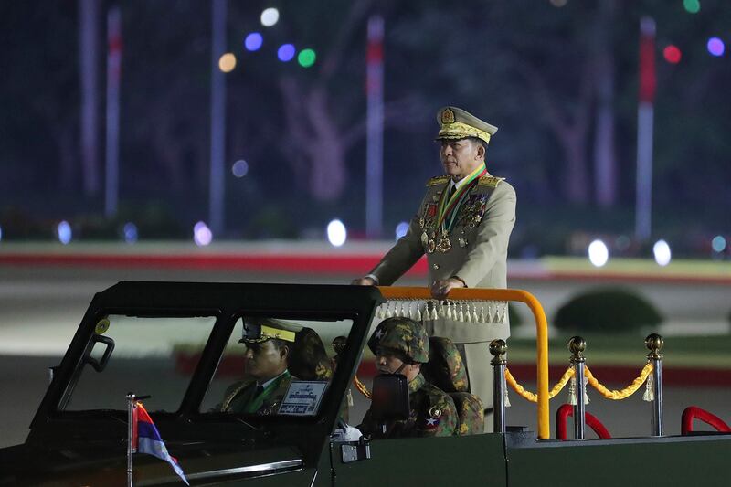 Myanmar junta leader Senior Gen. Min Aung Hlaing inspects officers during a commemoration for Armed Forces Day in Naypyidaw, March 27, 2024. (Aung Shine Oo/AP)
