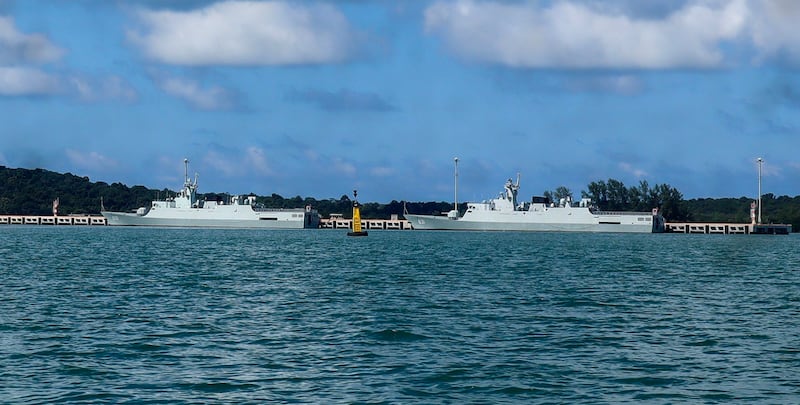 Two Chinese People’s Liberation Army Navy (PLAN) Type 056 Corvettes – 630 Aba and 631 Tianmen – are docked at the pier at the Ream naval base in Cambodia in August 2024.