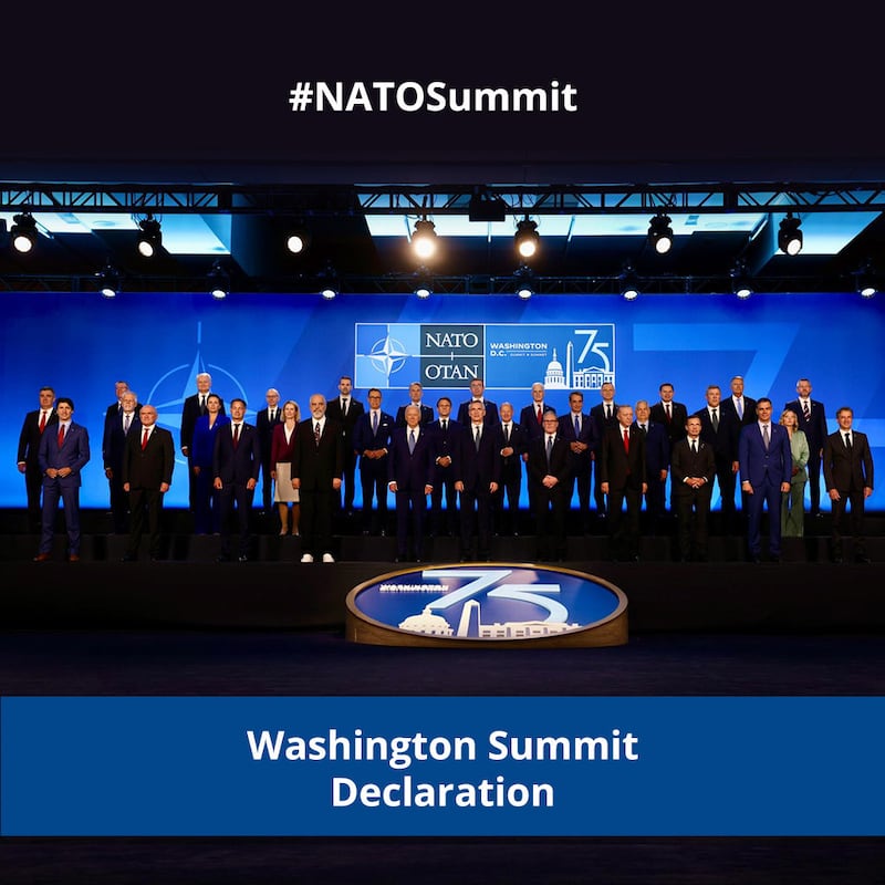 32個北約成員國的領導人周三在華盛頓舉行北約峰會。（北約X官方帳號）