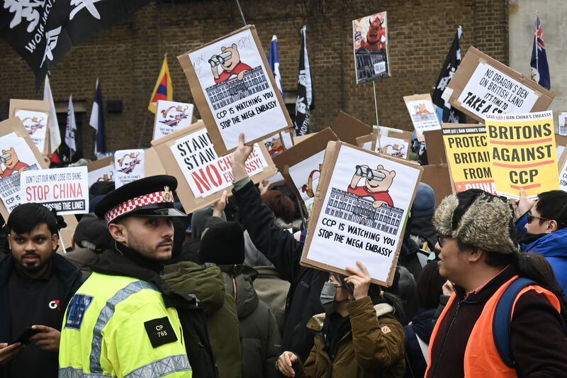 Demonstrators protest at the proposed site of the Chinese “mega-embassy” in London, Feb. 8, 2025.
