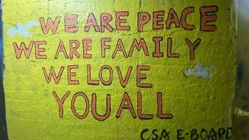 美国罗切斯特大学隧道里中国留学生覆盖原有涂鸦的画墙(罗切斯特大学学生提供)