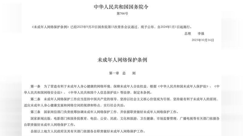 中国《未成年人网络保护条例》截图（中国政府网）