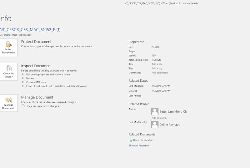 澳门青联和妇联的报告，档案作者一栏同为“Betty, Lam Mong Chi”。本台翻查澳门印务局过去的公报，有一位英文名为“Lam Mong Chi”、中文名为“林梦芝”的人士，曾历任澳门国际法事务办公室及法务局。 （报告及澳门印务局公报截图）