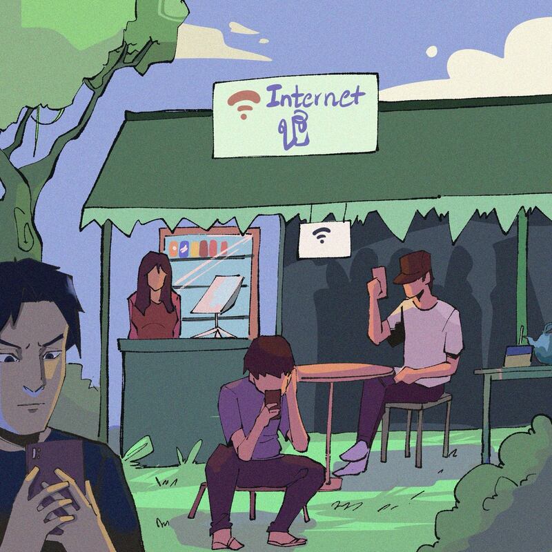 在没有网路覆盖的缅甸反抗军占领区,地方茶馆安装“星链系统”,贩售网路给村庄居民。(插画/阿涂)