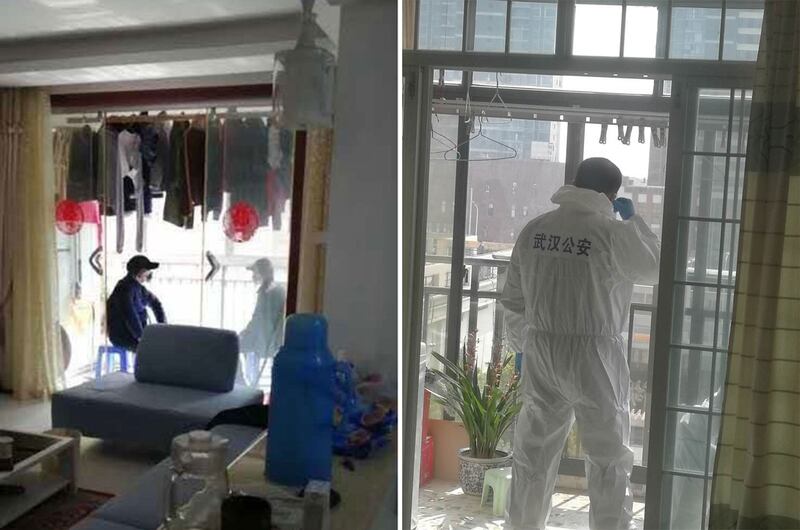 左图:一民居的阳台上,两名便衣戒备。右图: 一名穿防护服的公安在居民家戒备。(微信截图/乔龙提供)