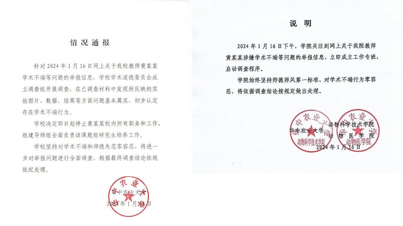 图左: 黄飞若所在学院于2024年1月16日对黄飞若问题发布的说明。（微博截图/孙诚提供）图右：华中农大于2024年1月18日就黄飞若问题发布的情况通报。（微博截图/孙诚提供）