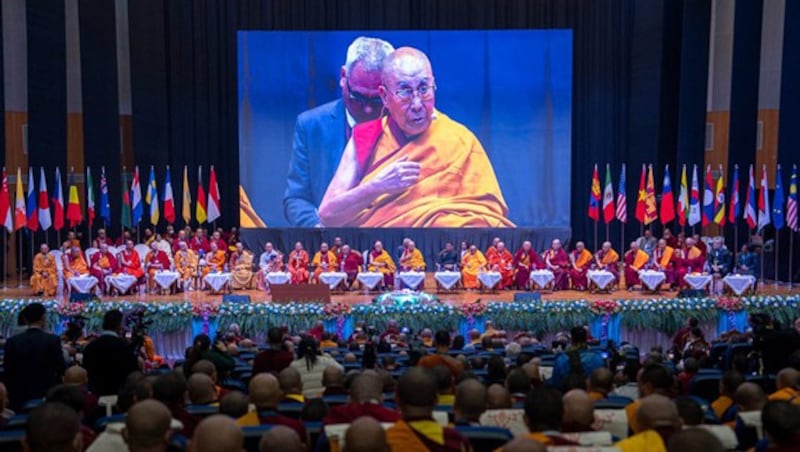 The Dalai Lama speaks at the inaugural ceremony of the first International Sangha Forum in Bodh Gaya in India's Bihar state, Dec. 20, 2023. (The Office of His Holiness the Dalai Lama)
