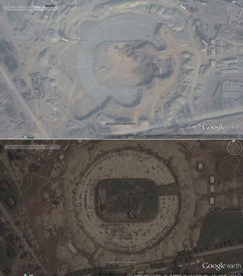 2014년 7월에 건설 중인 평양 쑥섬의 과학기술전당(사진 아래). 하지만 2015년 1월에는 원래 설계안을 바꿔 일부를 허물고 다시 짓고 있다(사진 위). 사진-구글 어스 캡쳐/ 커티스 멜빈 제공