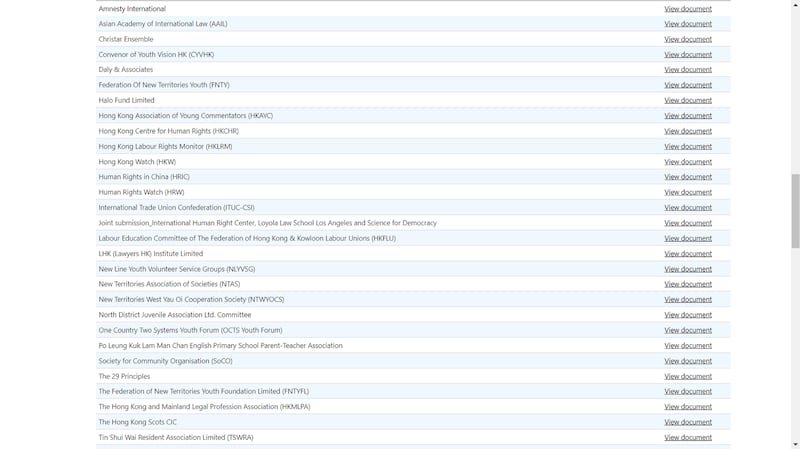 在三十个向联合国提交香港经社文情况报告的团体中，至少有十五个都是亲北京团体，他们的报告纷纷唱好《港区国安法》。 （联合国官网截图）
