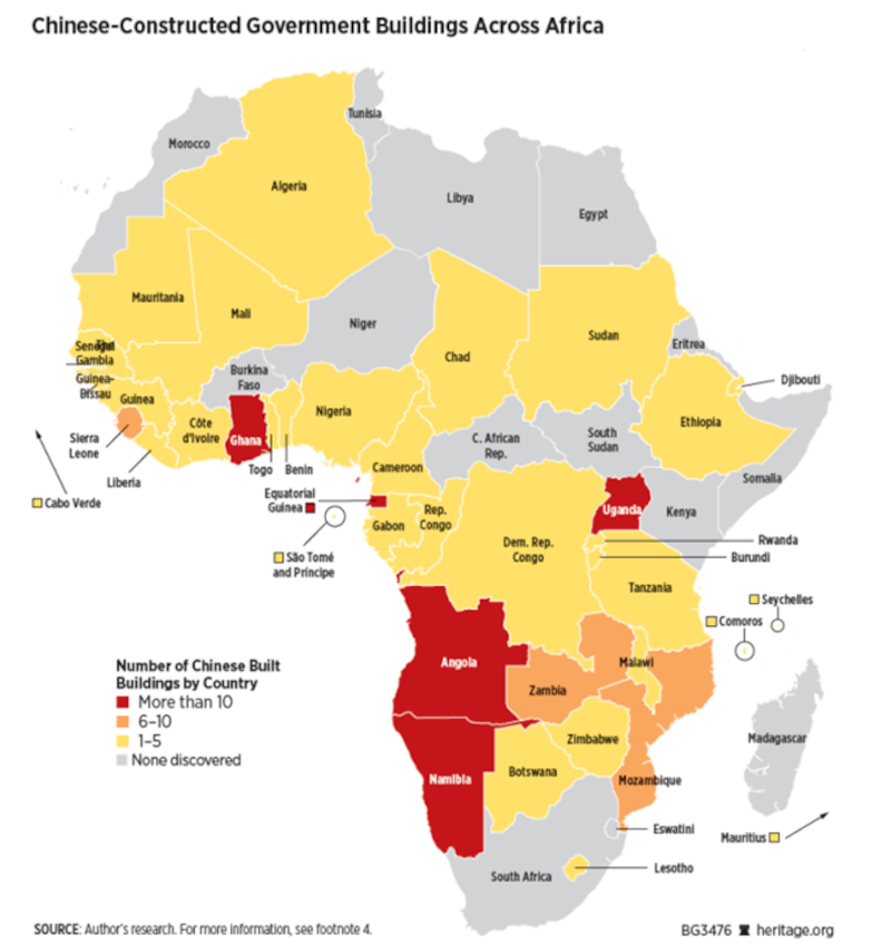 中国为非洲各国政府建设的办公大楼分布图 (图源:美国智库传统基金会)