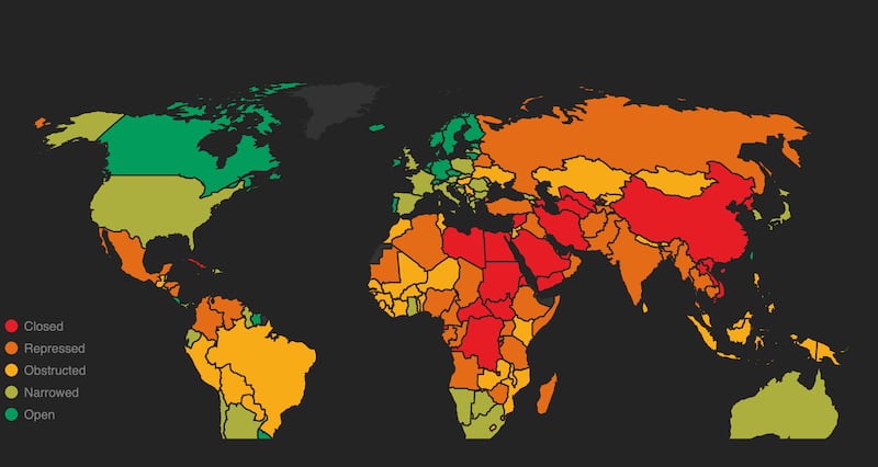 非政府人权组织CIVICUS和区域人权组织亚洲论坛(Forum-Asia) 4日在曼谷发布2019年“受威胁的公民力量报告”。台湾是亚洲唯一被评为“开放”的国家。(CIVICUS截图)