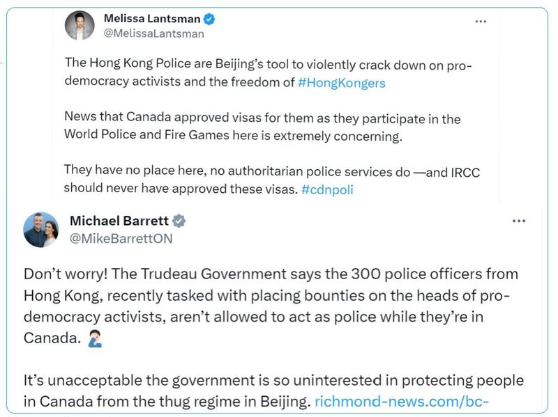 加拿大保守党副党魁兰兹曼(Melissa Lantsman)和保守党国会议员巴雷特(Michael Barrett)都发推文批评特鲁多政府无能。 (推特截图)